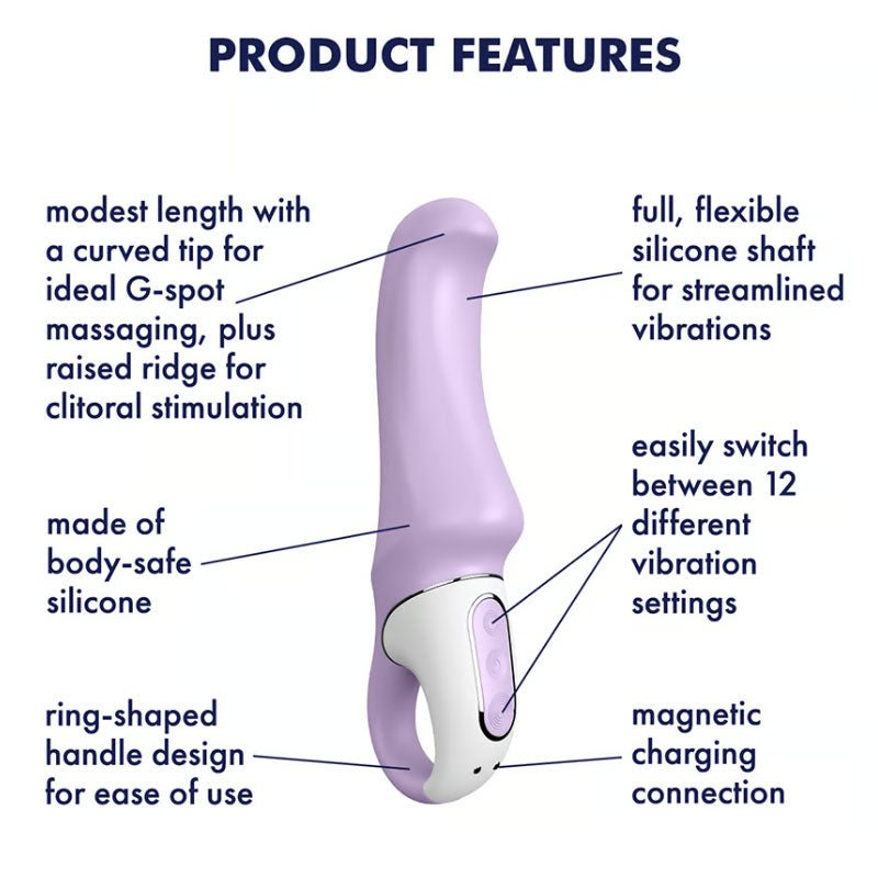 Satisfyer - vibes - charming smile - Product side view, with specifications  | Flirtybay.com.au