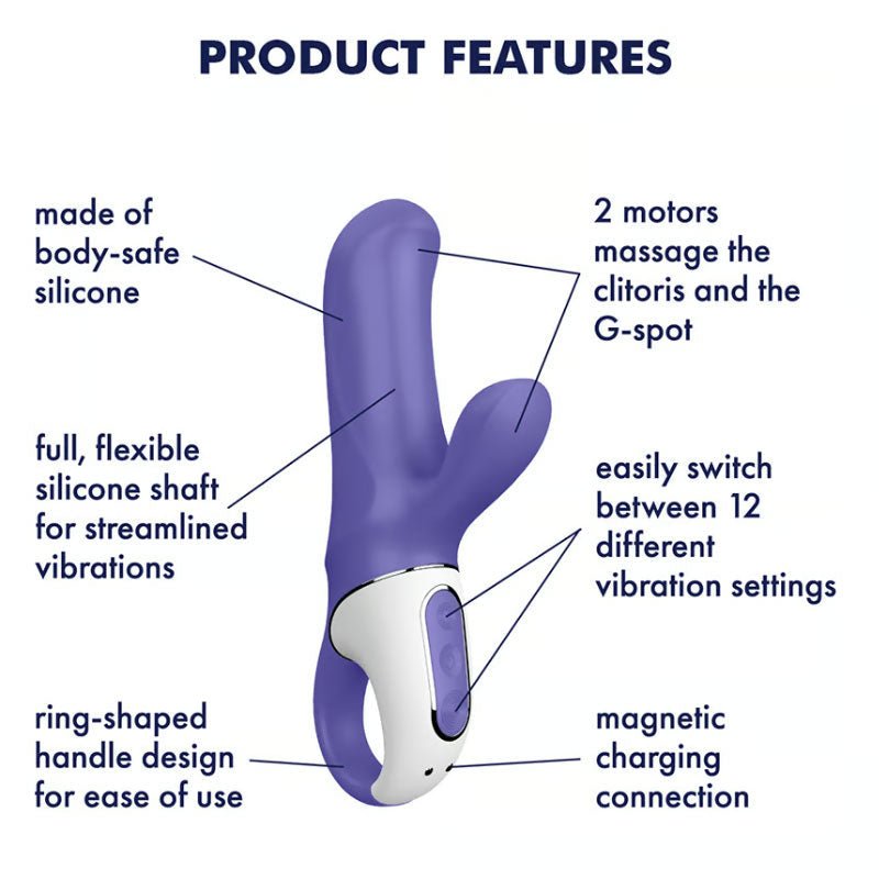 Satisfyer vibes - magic bunny - rabbit vibrator - Product side view, with specifications  | Flirtybay.com.au
