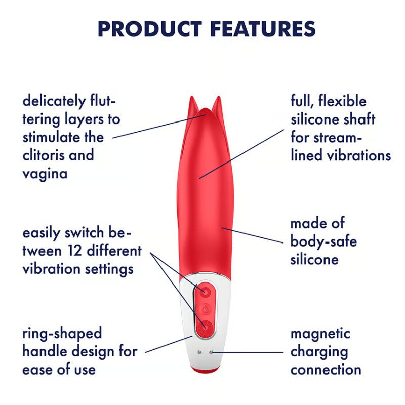 Satisfyer - vibes - power flower - g-spot and clitoral vibrator - Product front view, with specifications  | Flirtybay.com.au