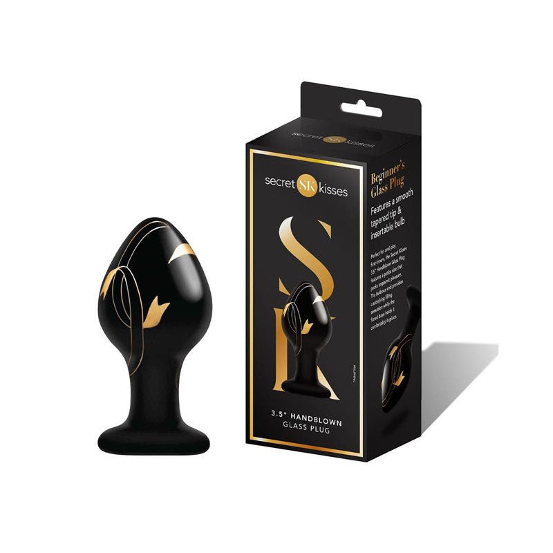 Secret kisses - 3.5'' handblown glass butt plug - Product front view and box front view | Flirtybay.com.au