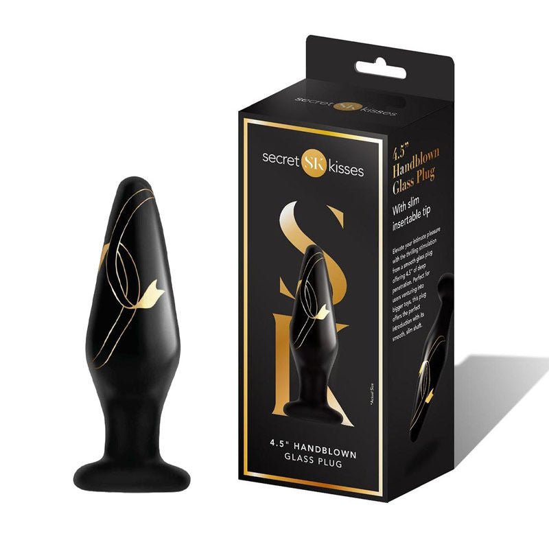 Secret kisses - 4.5'' handblown glass butt plug - Product front view and box front view | Flirtybay.com.au