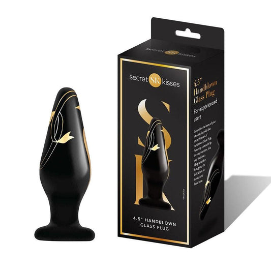 Secret kisses -  4.5'' handblown wide glass butt plug - Product front view and box side view | Flirtybay.com.au