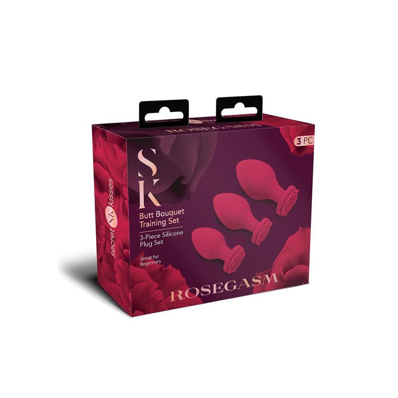 Secret kisses - rosegasm butt plug training set -  box front view | Flirtybay.com.au