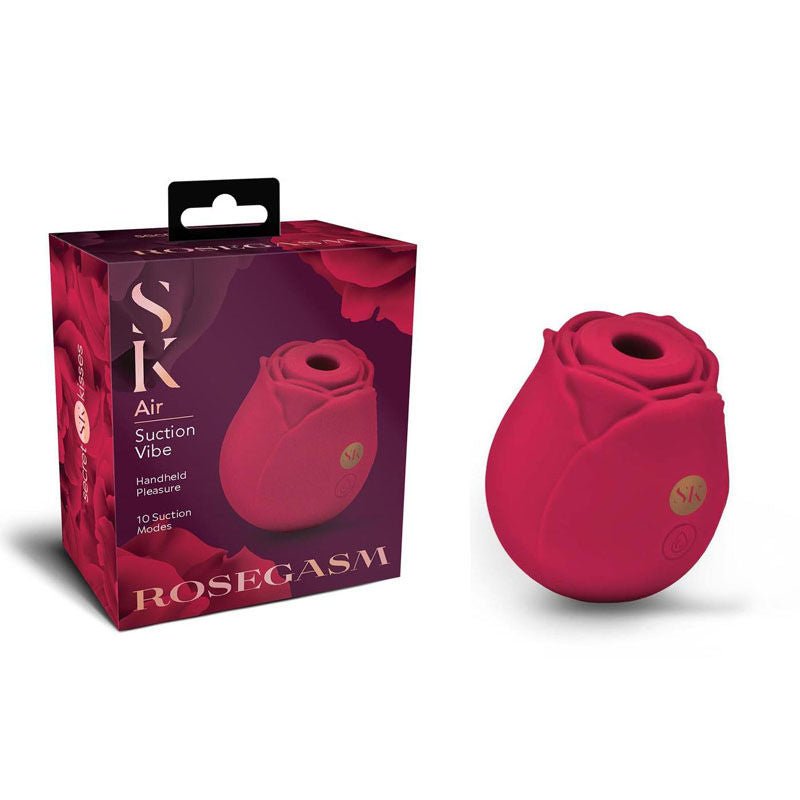 Secret kisses - rosegasm - suction vibrator, clitoral stimulator Rose Toys - Product front view and box front view | Flirtybay.com.au