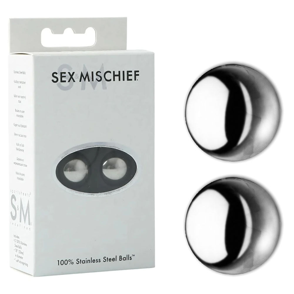 Sex & mischief 100% stainless steel balls - nipple clamps - Product front view and box side view | Flirtybay.com.au