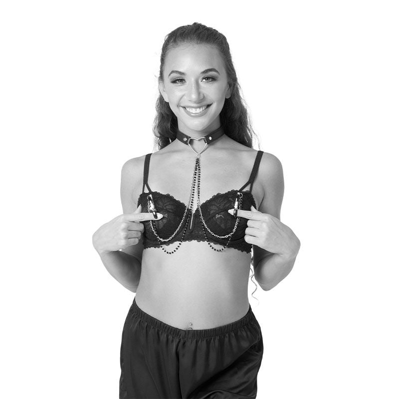 Sex & mischief - amor collar with nipple clamps - Product front view, on a mannequin  | Flirtybay.com.au