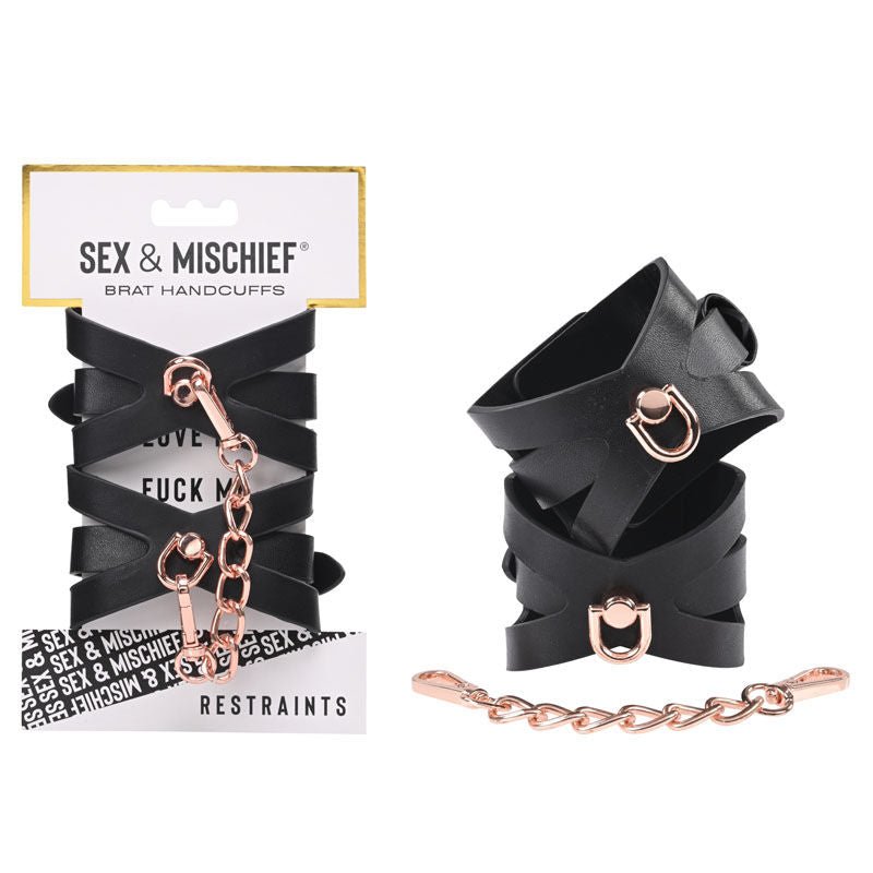 Sex & mischief - brat handcuffs - Product front view and box front view | Flirtybay.com.au