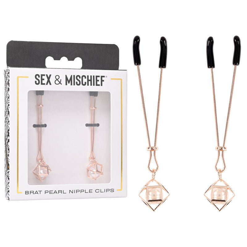 Sex & mischief - brat pearl nipple clips - Product front view and box front view | Flirtybay.com.au
