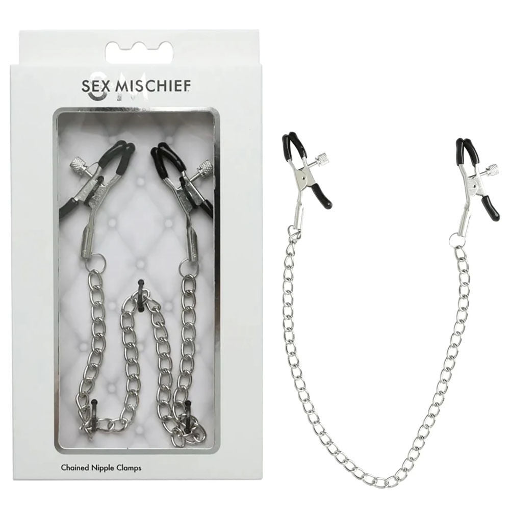 Sex & mischief - chained nipple clamps - Product front view and box front view | Flirtybay.com.au