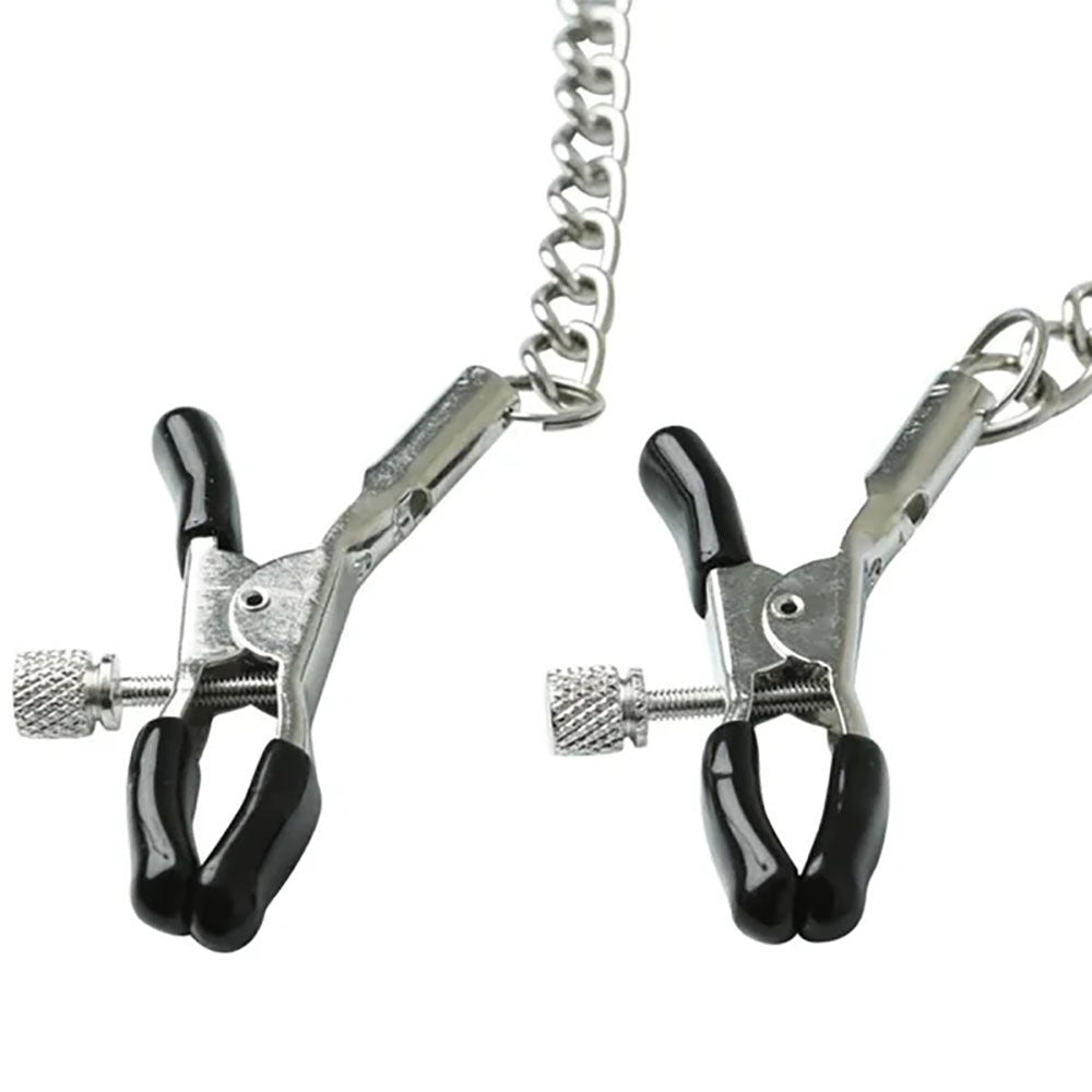 Sex & mischief - chained nipple clamps - Product top view, focus on clamps  | Flirtybay.com.au