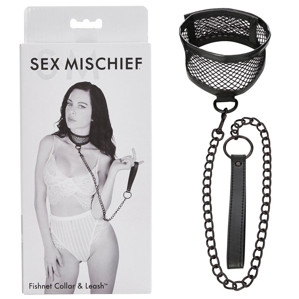 Sex & mischief - fishnet collar and leash - Product front view and box front view | Flirtybay.com.au
