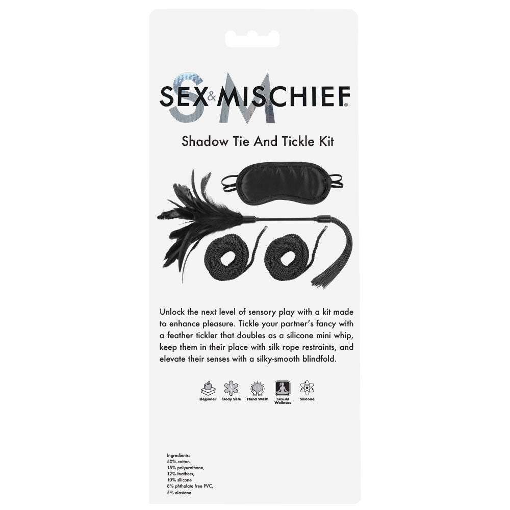 Sex & mischief - shadow tie and tickle kit -  box back view | Flirtybay.com.au