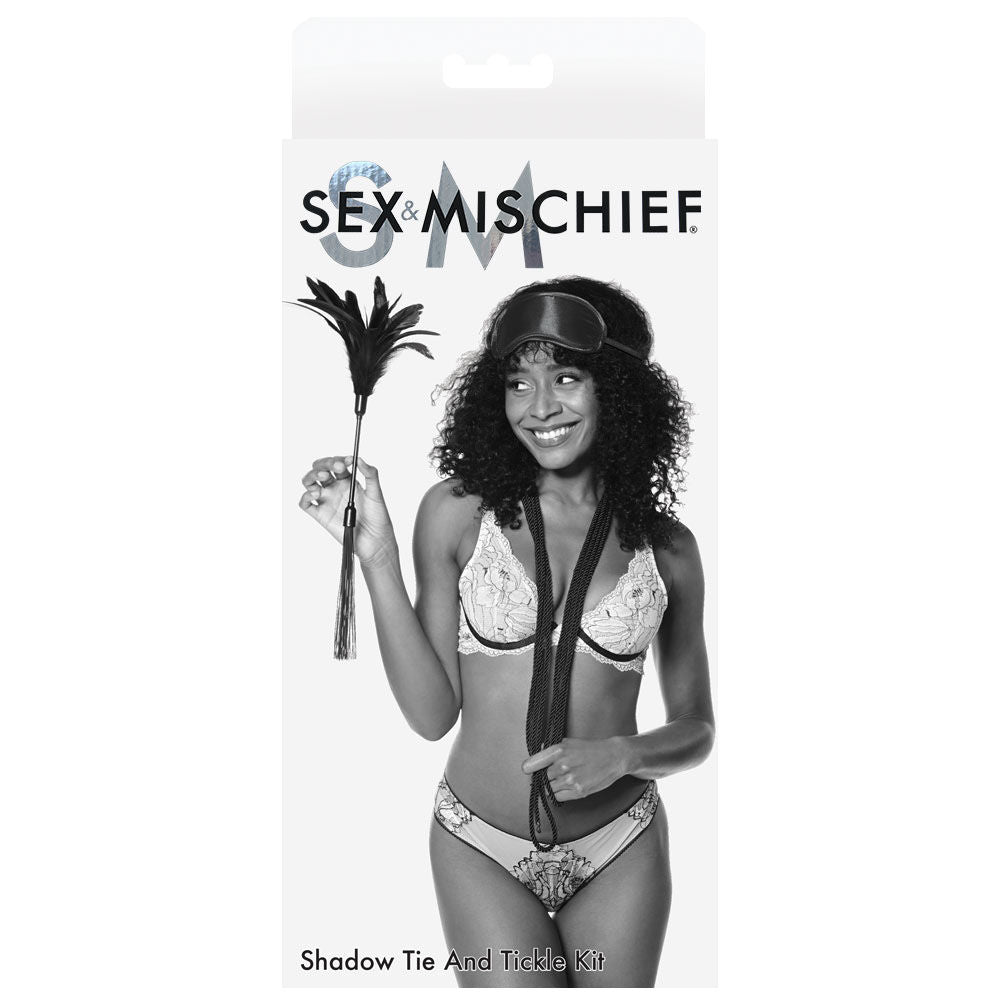 Sex & mischief - shadow tie and tickle kit -  box front view | Flirtybay.com.au