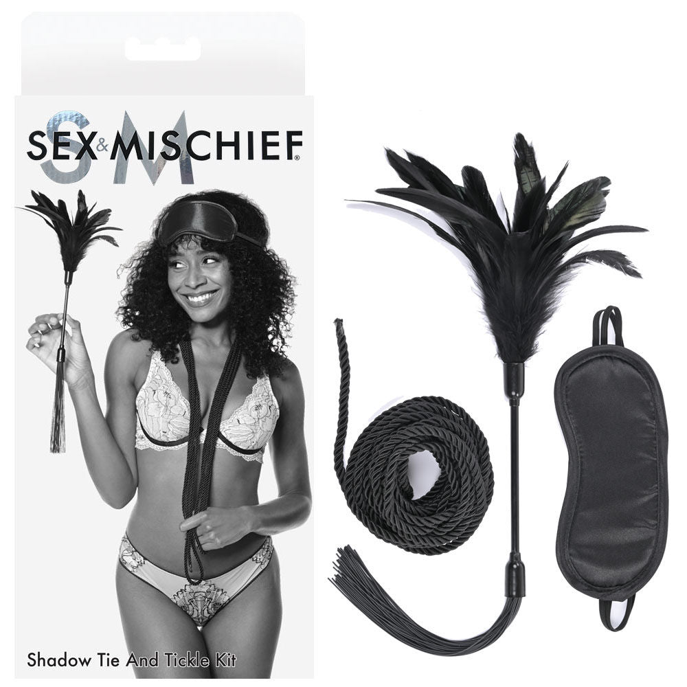 Sex & mischief - shadow tie and tickle kit - Product front view and box front view | Flirtybay.com.au