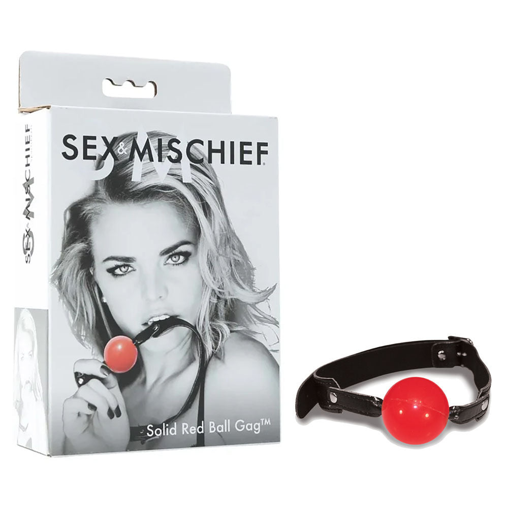 Sex & mischief - solid red ball gag - Product front view and box side view | Flirtybay.com.au