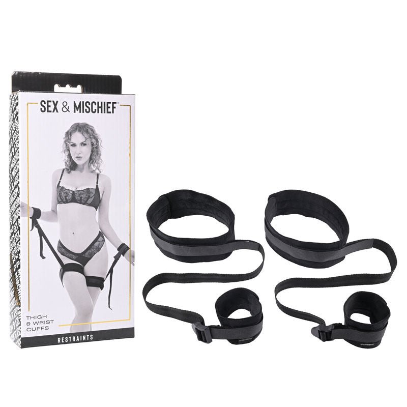 Sex & mischief - thigh & wrist cuffs - Product front view and box front view | Flirtybay.com.au