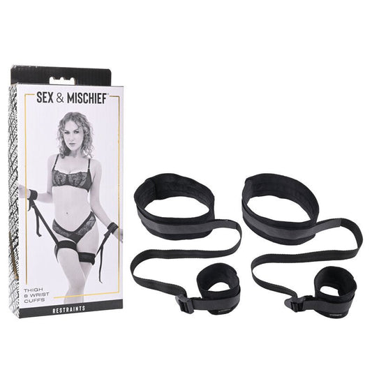 Sex & mischief - thigh & wrist cuffs - Product front view and box front view | Flirtybay.com.au