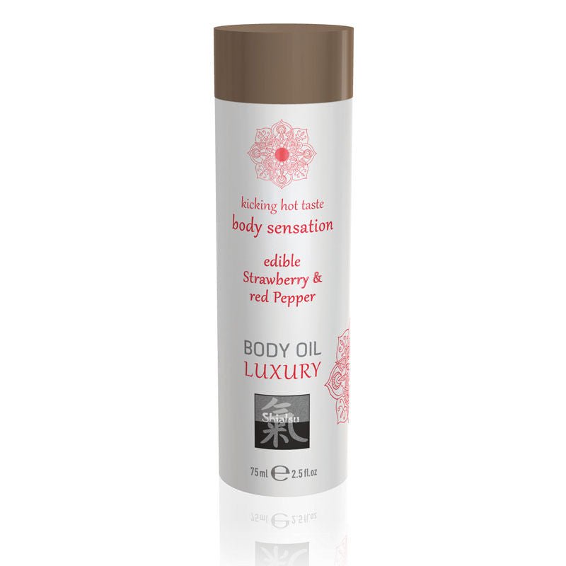 Shiatsu - edible body oil - luxury - strawberry and red pepper, Product front view  | Flirtybay.com.au