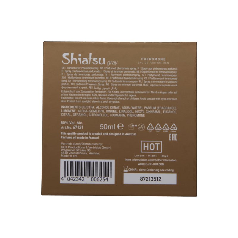 Shiatsu pheromone eau de parfum men - grey -  box bottom view | Flirtybay.com.au