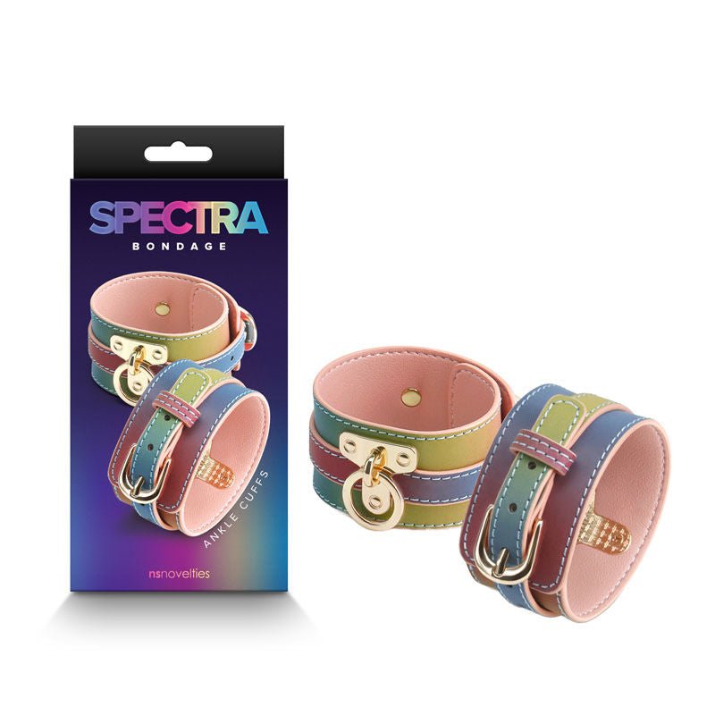 Spectra bondage - ankle cuffs - rainbow - Product front view and box front view | Flirtybay.com.au
