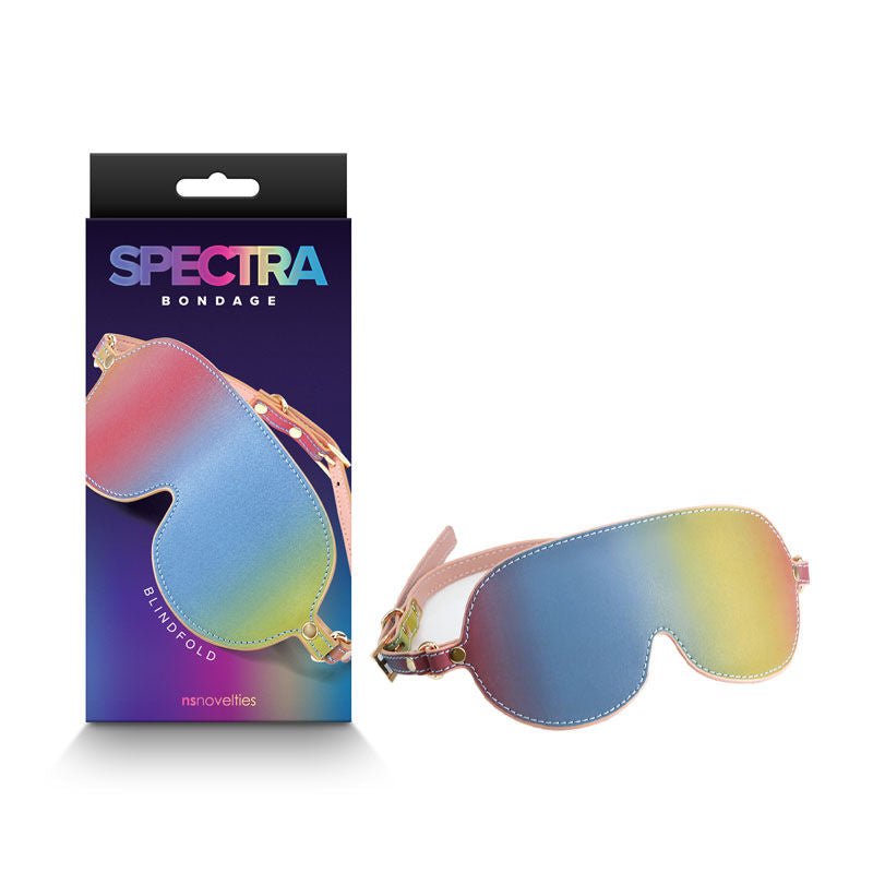 Spectra bondage - blindfold - rainbow - Product front view and box front view | Flirtybay.com.au