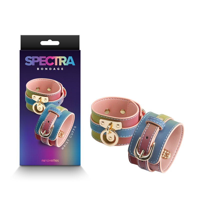 Spectra bondage - wrist cuffs - rainbow - Product front view and box front view | Flirtybay.com.au