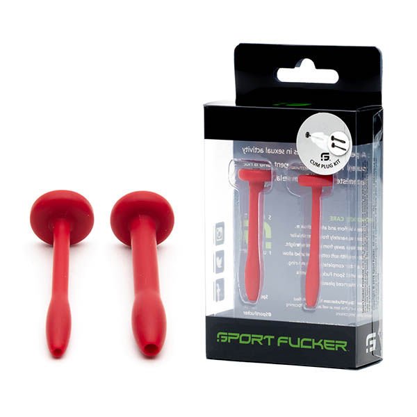 Sport fucker - cum plug kit - silicone urethral dilator - red, Product top view and box front view | Flirtybay.com.au