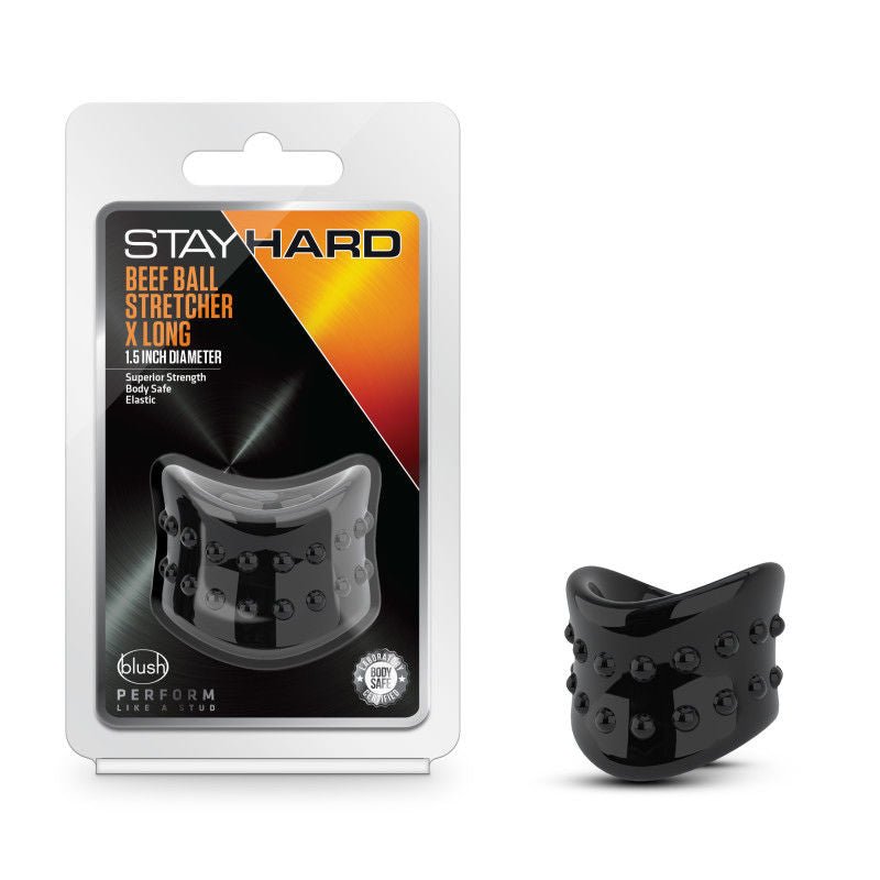 Stay hard - beef ball stretcher x long - Product front view and box front view | Flirtybay.com.au