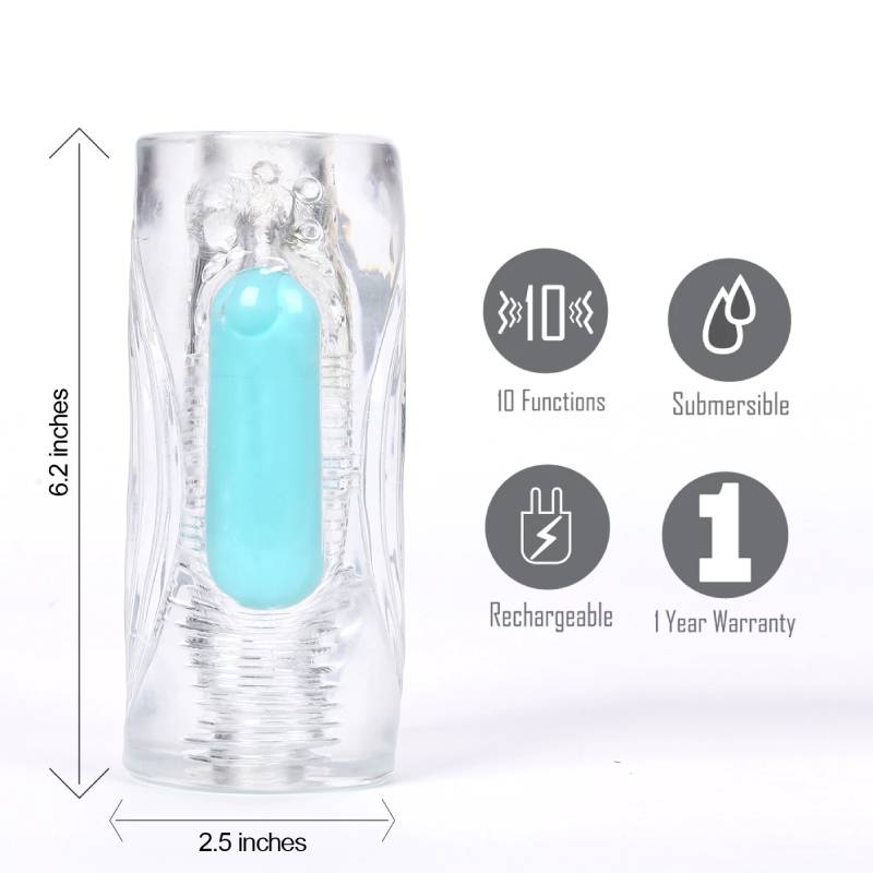 Front view of the Maia Aster - Stroker - Male Masturbator, showing the bullet vibrator and listed features, on a clean white background | Flirty Bay Adult Store Perth