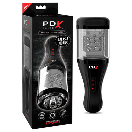 Image showing the PDX Elite - Talk Dirty Rotobator male masturbator standing upright with its original packaging placed on the left. The sex toy is clearly displayed, highlighting its sleek black and silver design. | Flirty Bay adult store Perth