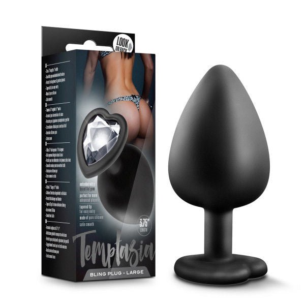 Temptasia - bling butt plug - large, Product front view and box front view | Flirtybay.com.au