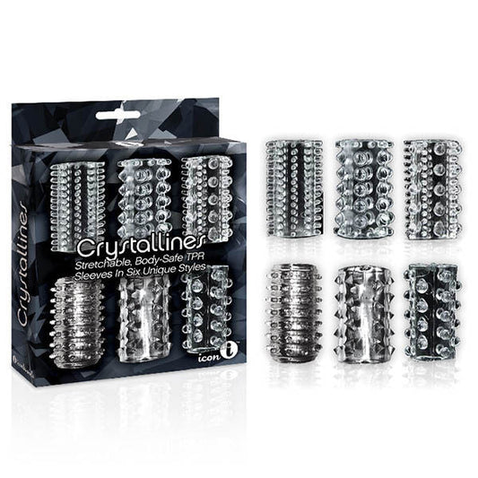 The 9's - crystalline tpr penis sleeves - Product front view and box side view | Flirtybay.com.au
