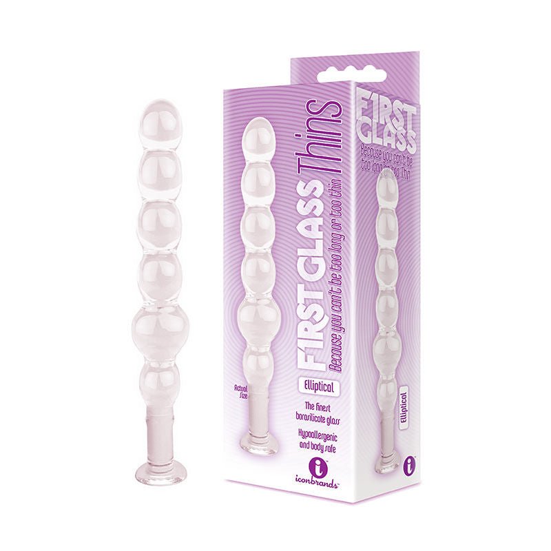 The 9's glass first thins - elliptical dildo - Product front view and box side view | Flirtybay.com.au