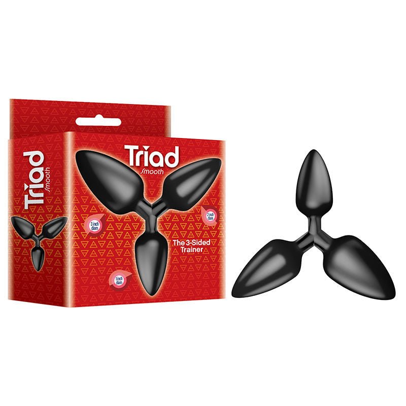 The 9's  - triad 3 way - butt plug - Product front view and box side view | Flirtybay.com.au