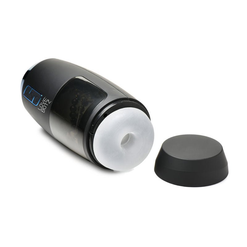 Side close-up view of the LoveBotz The Milker Slider 18X masturbator focusing on the realistic vagina entrance, on a clean white background | Flirty Bay adult store Perth