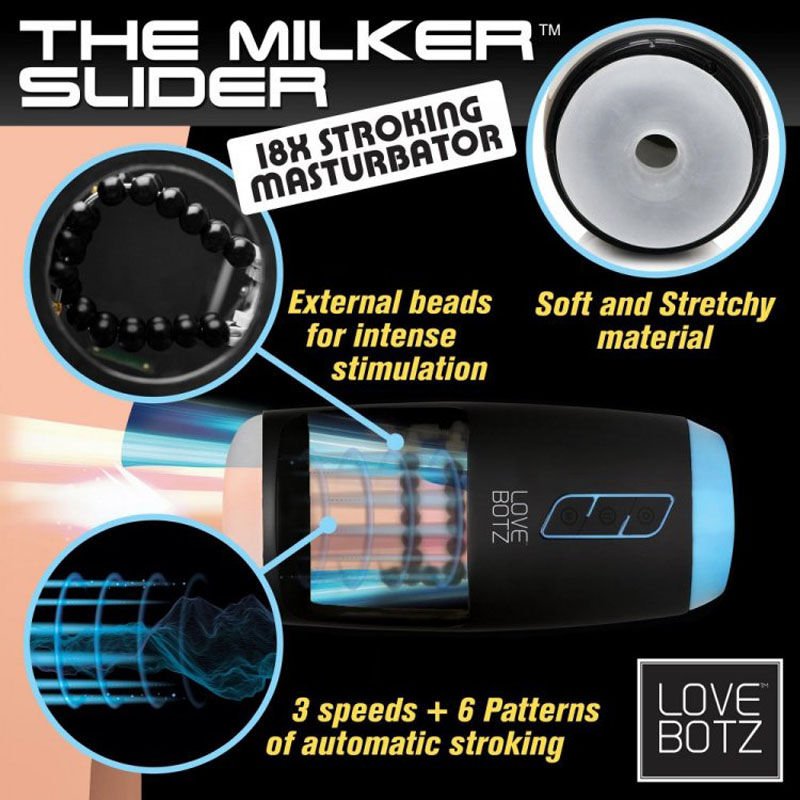 LoveBotz The Milker Slider 18X stroking male masturbator on a black background, showcasing the realistic vagina entrance, internal motor, stroking mechanism, and charging cable connection all visible | Flirty Bay adult store Perth