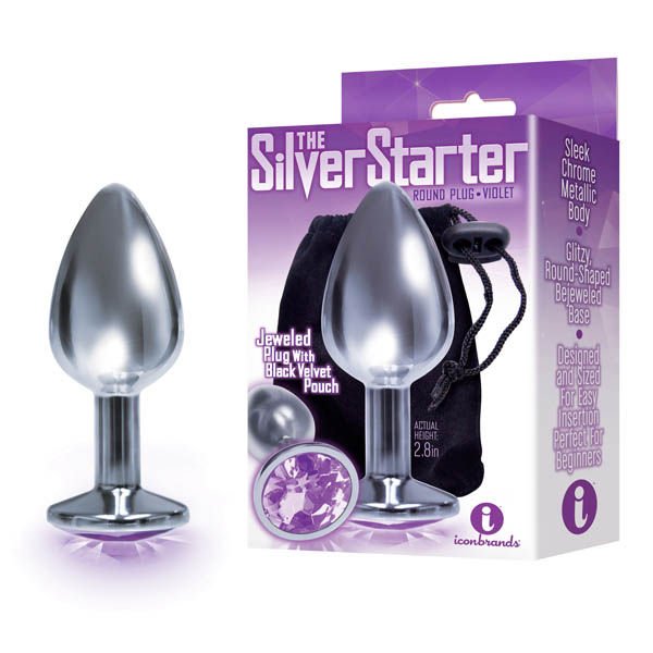 The silver starter - butt plug - purple, Product front view and box side view | Flirtybay.com.au