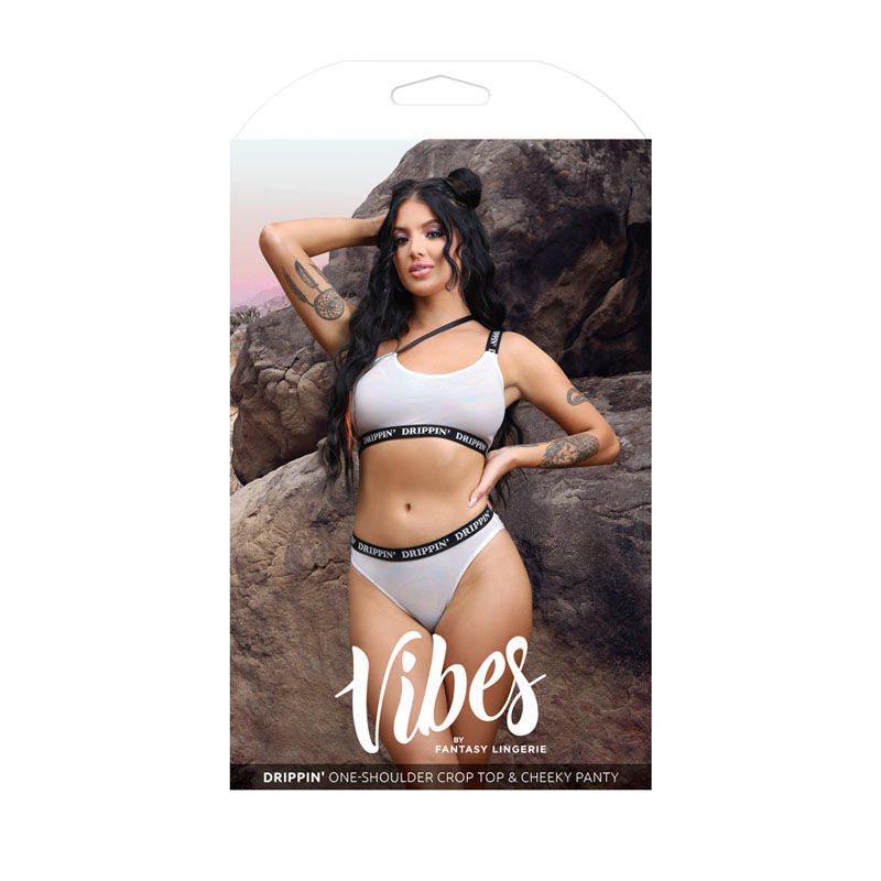 Vibes drippin' - one-shoulder crop top & cheeky panty -  box front view | Flirtybay.com.au