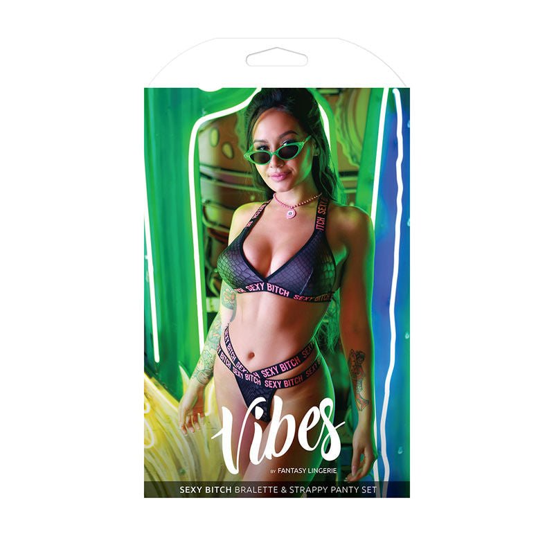 Vibes - sexy bitch - bralette & strappy thong set -  box front view | Flirtybay.com.au