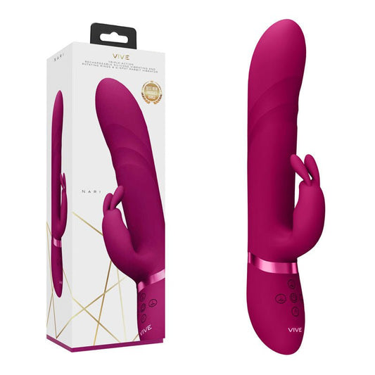 Vive -  nari - rotating bead shaft - rabbit vibrator - Product front view and box side view | Flirtybay.com.au
