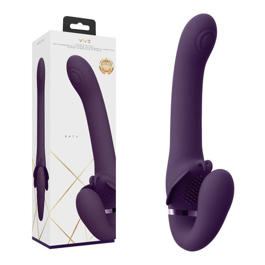 Vive - satu - strapless strap-on - Product side view and box side view | Flirtybay.com.au