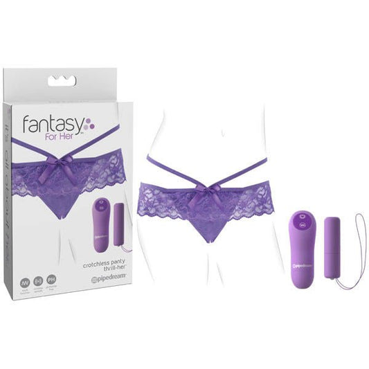 Front view of Fantasy For Her Crotchless Panty Thrill highlighting vibrator placement and sleek design | Flirty Bay, vibrating underwear, vibrator ladies, top rated vibrators.