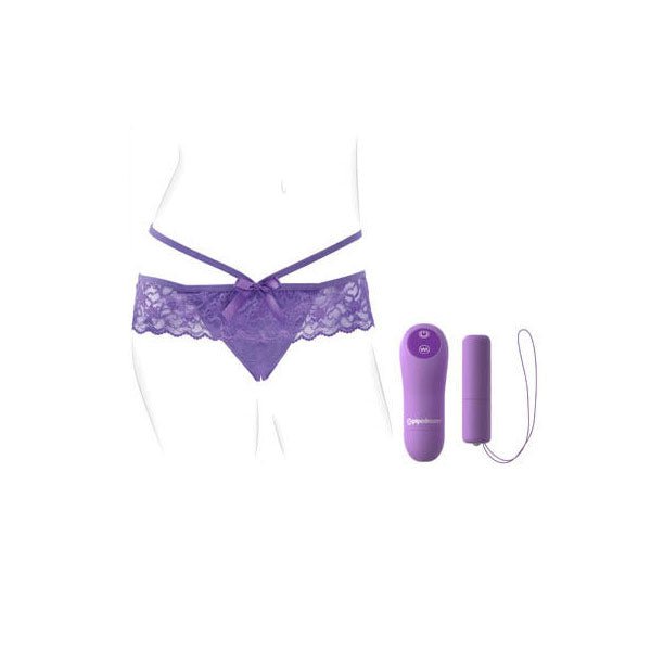 Side view of Fantasy For Her Crotchless Panty Thrill showing thin, comfortable fit and ergonomic vibrator | Flirty Bay, vibrating undies, finger vibrator, best vibrator.