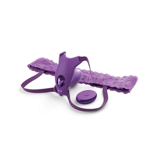 Close-up of the adjustable harness for the G-Spot Butterfly Strap-On, showing soft elastic straps | Flirty Bay, vibrating underwear, top rated vibrators.