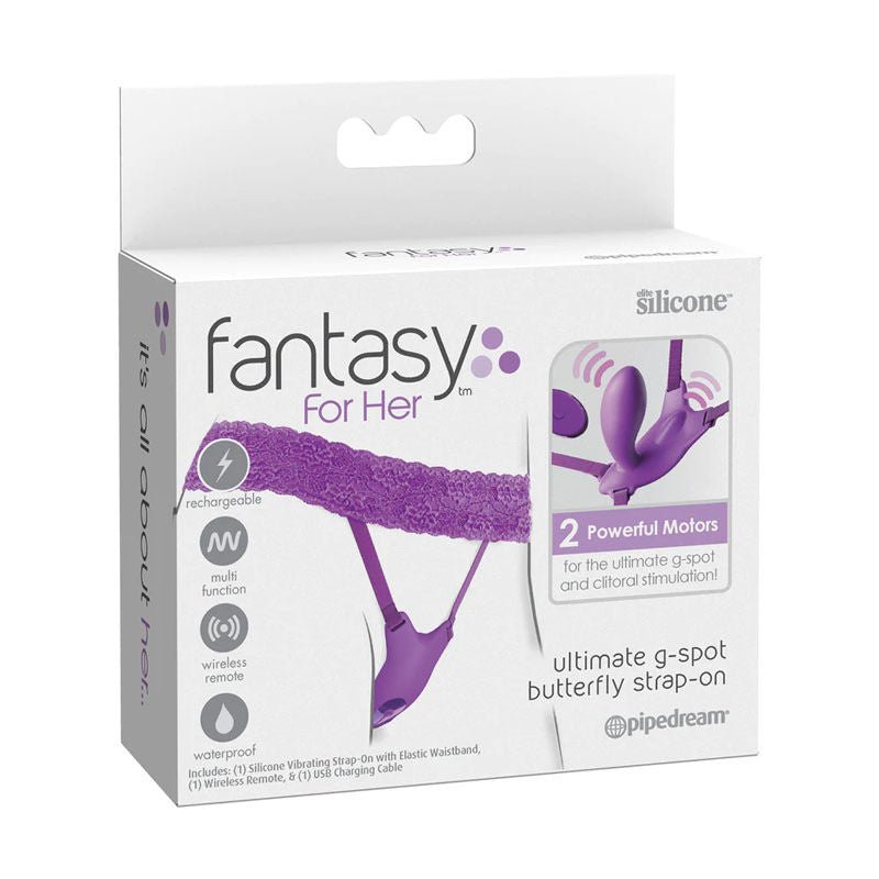 Packaging of the Fantasy G-Spot Butterfly Strap-On highlighting product features | Flirty Bay, vibrating undies, best vibrator, finger vibrator.