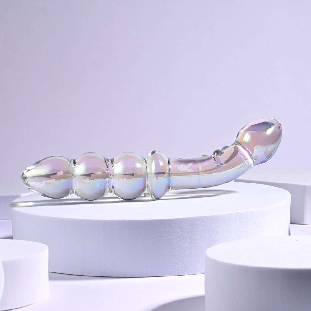 Other side view of the borosilicate glass anal beads shown on a grey light pink presentation block | Flirty Bay, anal plug adult store Australia