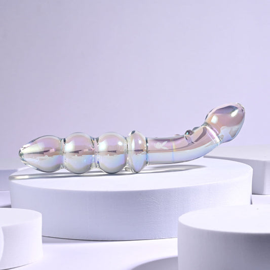 Other side view of the borosilicate glass anal beads shown on a grey light pink presentation block | Flirty Bay, anal plug adult store Australia