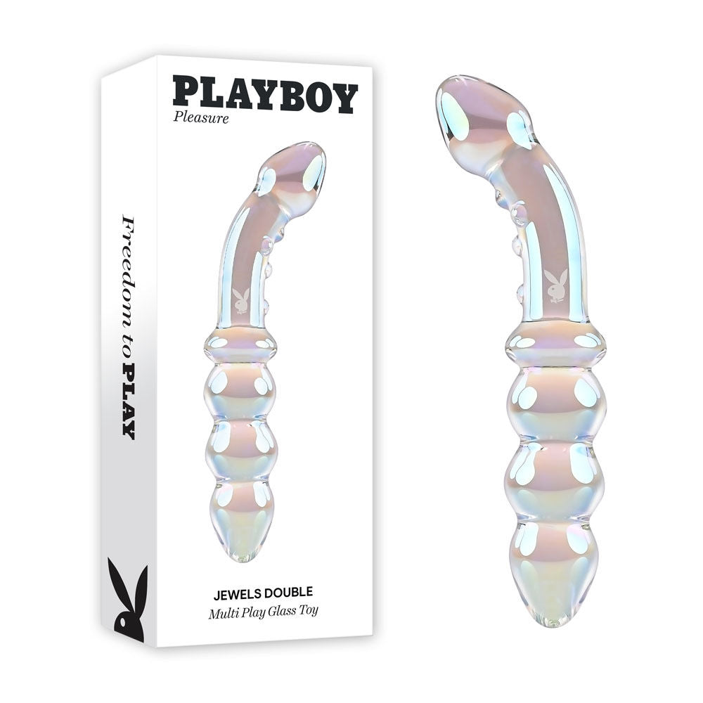 Side view of the elegant borosilicate glass anal beads with packaging on a clear white background | Flirty Bay, anal plug adult store Australia