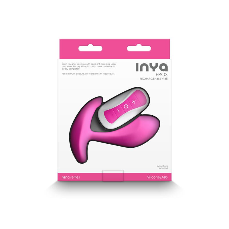 Inya Eros pink vibrator in its original packaging with remote control displayed | Flirty Bay, vibrating panties, top rated vibrators, sexual massager.