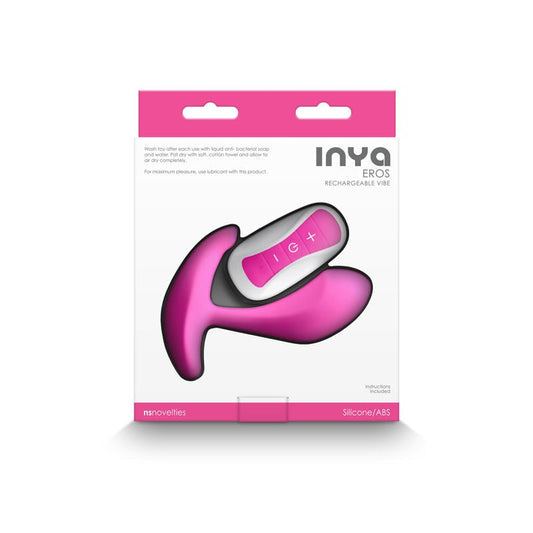 Inya Eros pink vibrator in its original packaging with remote control displayed | Flirty Bay, vibrating panties, top rated vibrators, sexual massager.
